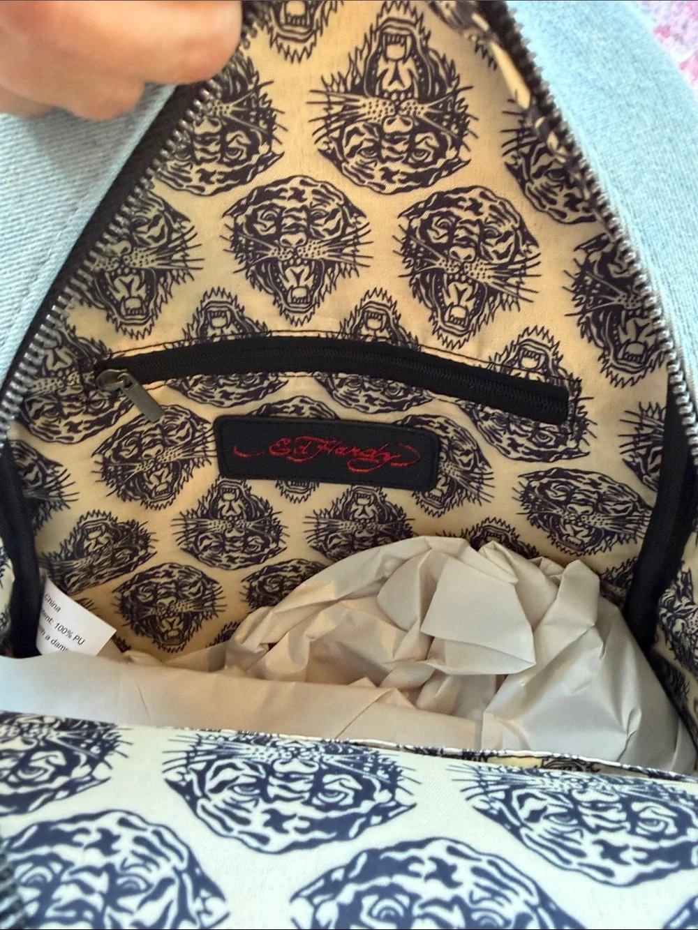 Ed Hardy Light Blue Embroidered Floral & Skull Mini Backpack